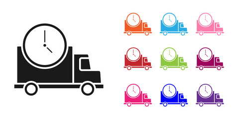 Black Logistics delivery truck and clock icon isolated on white background. Delivery time icon. Set icons colorful. Vector Illustration © Vadim