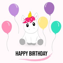 Illustration sticker birthday card template with magic unicorn and colorful baloons