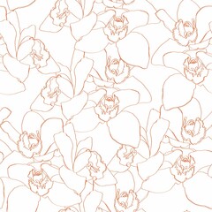Seamless floral pattern with orchids Cymbidium, beige line on white. Hand drawn illustration for fabric, wrapping, prints and other design.