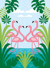 Flamingo , tropic, palm leaves. Cartoon vector illustration