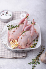 Raw quail meat with spices, garlic and herbs