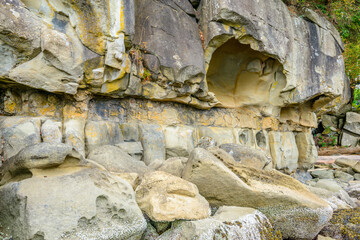 Rocky beach and ocean scenic for vacations and summer getaways. Sandwell Park Trail at Gabriola Island, BC, Canada.