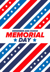 Memorial Day in United States. Remember and Honor. Federal holiday for remember and honor persons who have died while serving in the United States Armed Forces. Celebrated in May. Vector poster