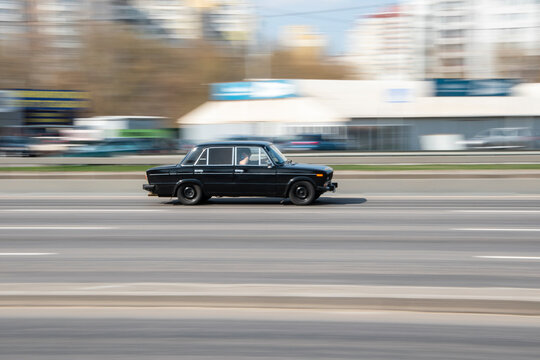 Ukraine, Kyiv - 4 April 2021: Black LADA 2106 car moving on the street. Editorial