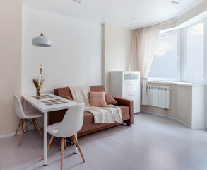 Cozy living room white Scandinavian relaxation interior. Home decor. Template, 3D render.