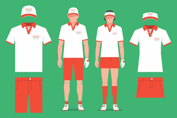 Golf clothes. Men's and women's t-shirt design template, cap and shorts. Sports uniform - obrazy, fototapety, plakaty
