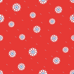 Vector seamless pattern with small scattered flowers, daisies. Liberty style print. Elegant minimal floral background. Simple ditsy texture. Red, blue and white color. Repeat design for decor, wrap