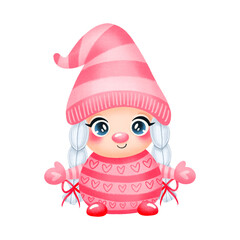 Illustration of cute cartoon valentine's day gnome girl in love isolated on white background