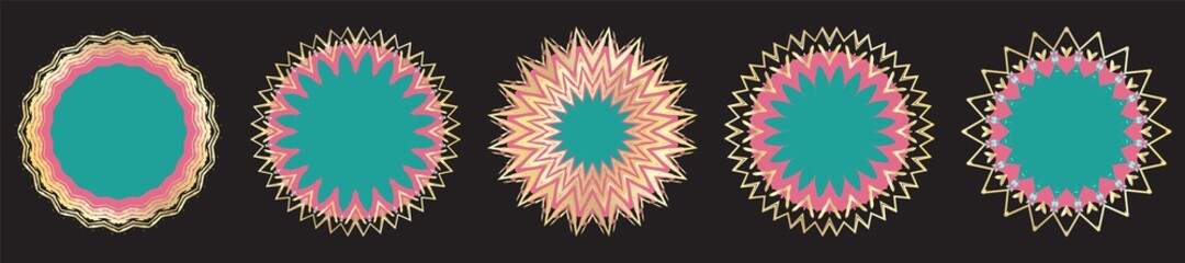 Collection of pink and green round decorative frames with gold ornaments. Elements for design wedding, holiday and greeting cards. Vector illustration isolated on a dark background.