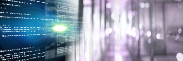 Obraz premium Computer code processing next to a corridor, program coding and technology concept