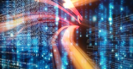 Neon orange light trails over computer code, program coding and technology concept