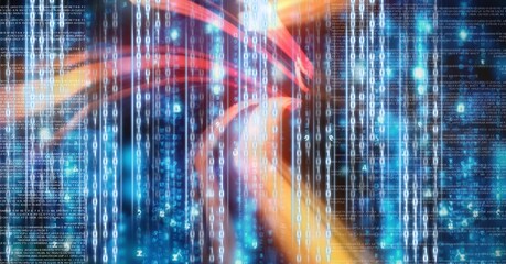 Neon colourful light trails over computer code, program coding and technology concept