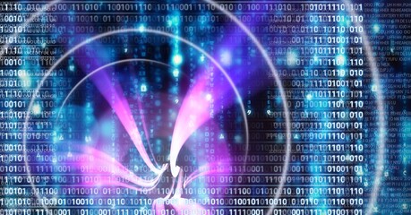 Neon colourful light trails over computer code, program coding and technology concept