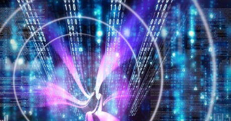 Neon colourful light trails over computer code, program coding and technology concept