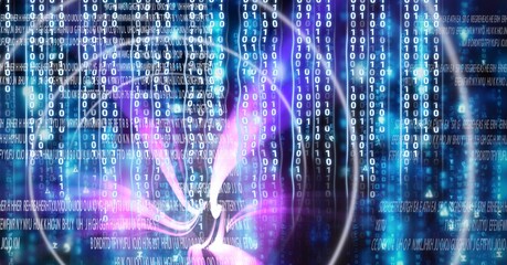 Neon pink light trails over computer code, program coding and technology concept