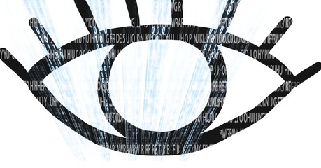 Opening eye and rain falling over computer code, program coding and technology concept