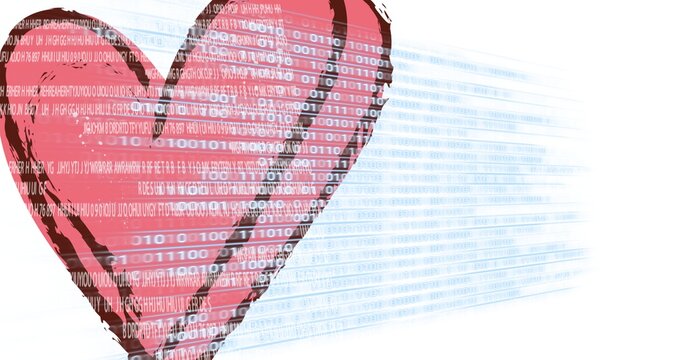 Red heart drawing over computer writing code, program coding and technology concept