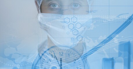 Computer code, clock, and map over a medical worker, coronavirus and healthcare concept