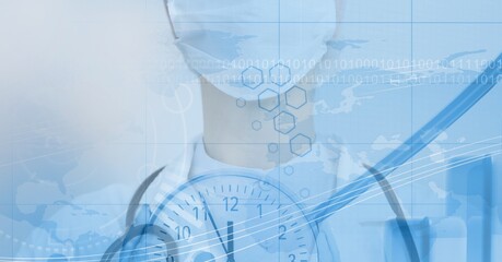Computer code, clock, and map over a medical worker, coronavirus and healthcare concept