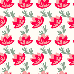Seamless floral pattern based on traditional folk art ornaments. Colorful flowers on light background. Scandinavian style. Sweden nordic style. Vector illustration. Simple minimalistic pattern