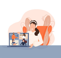 Flat illustration. Video conference. Video call between friends, chatting online by mobile app. Stay at home, work, communication remotely. Vector illustration.