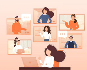 Flat illustration. Video conference. Video call between friends, chatting online by mobile app. Stay at home, work, communication remotely. Vector illustration.