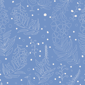 floral pattern. Vector seamless ornament with willow-herb flowers, fireweed and birds in ethnic style