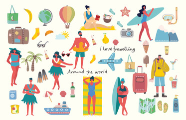 Fototapeta premium Set of different vector summer people and icons