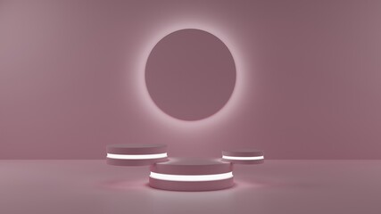Mock up stand for product display and exhibition. Round shaped pink podiums with lights. 