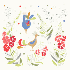 bird and flowers. set of decorative floral illustrations. Vector colorful ornament with willow-herb flowers, fireweed and birds in ethnic style
