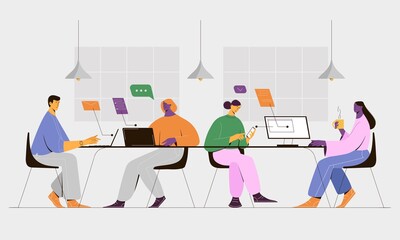 People working together in the office, analysing data, planing, discussing projects. Vector illustration of teamwork concept