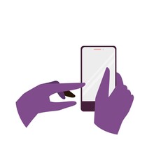 Hand holding smartphone, touching screen. Vector illuustration