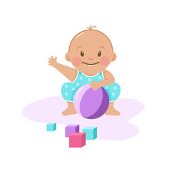 Cute toddler in sliders playing with a ball. Vector in a flat cartoon style. Isolated on a white background.