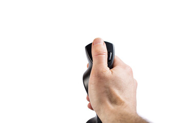 Hand holding simulator for video games isolated on a white. Joystick for aircraft games in hand. © Serjik Ahkhundov