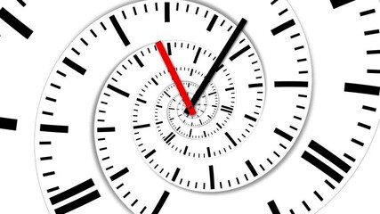 Endless looping spiral modern clock with minute and hour hands, abstract time passing by, business deadline, countdown or lifetime concept on white background