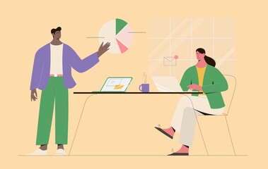 People working together in the office, analysing data, planing, discussing projects. Vector illustration of teamwork concept, man doing presentation, woman working on laptop