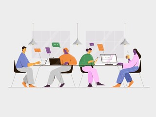 People working together in the office, analysing data, planing, discussing projects. Illustration of teamwork and coworking concept