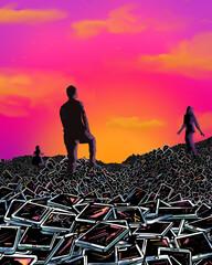 a sea of smartphones with silhouette people at sunset