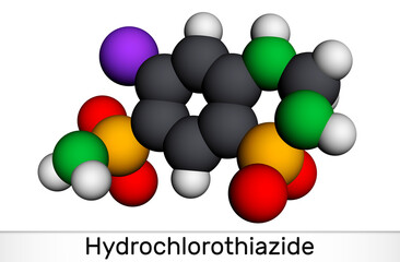 Hydrochlorothiazide, HCTZ, HCT molecule. It is thiazide diuretic, used to treat edema and hypertension. Molecular model. 3D rendering