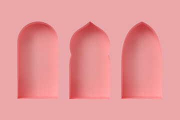 Set of 3d Arabic style windows. Architectural design elements for muslim holidays. Realistic minimal style. Vector illustration.