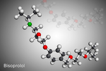 Bisoprolol molecule. It is cardioselective beta-blocker, used to treat high blood pressure, hypertension. Molecular model. 3D rendering