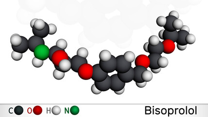 Bisoprolol molecule. It is cardioselective beta-blocker, used to treat high blood pressure, hypertension. Molecular model. 3D rendering