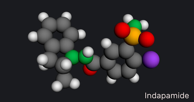 Indapamide molecule. It is thiazide-like diuretic, hypertension drug. Molecular model. 3D rendering