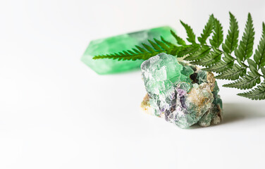 Healing Crystals and a fern branch. Natural gemstones. Gemstones are full of healing energy and good vibes.