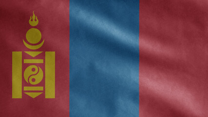 Mongolian flag waving in the wind. Mongolia banner blowing soft silk.
