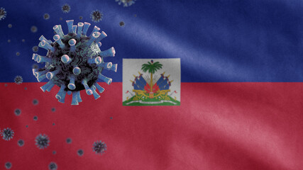 3D, Flu coronavirus floating over Haitian flag. Haiti and pandemic Covid 19