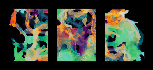 Abstract art background multicolor neon fluid paint streaming over black surface hand drawn illustration