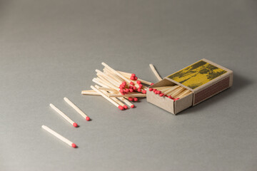 Yellow opened machboxes with stack of dozens red matches.