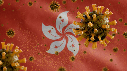 3D, Hongkong flag waving with Coronavirus outbreak. Hong Kong Covid 19