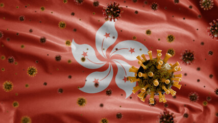 3D, Hongkong flag waving with Coronavirus outbreak. Hong Kong Covid 19 - obrazy, fototapety, plakaty